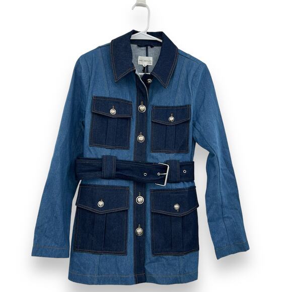 NEW Avec Les Filles Denim Military Jacket Small Blue Jean Cargo Belted Blazer - Picture 4 of 16